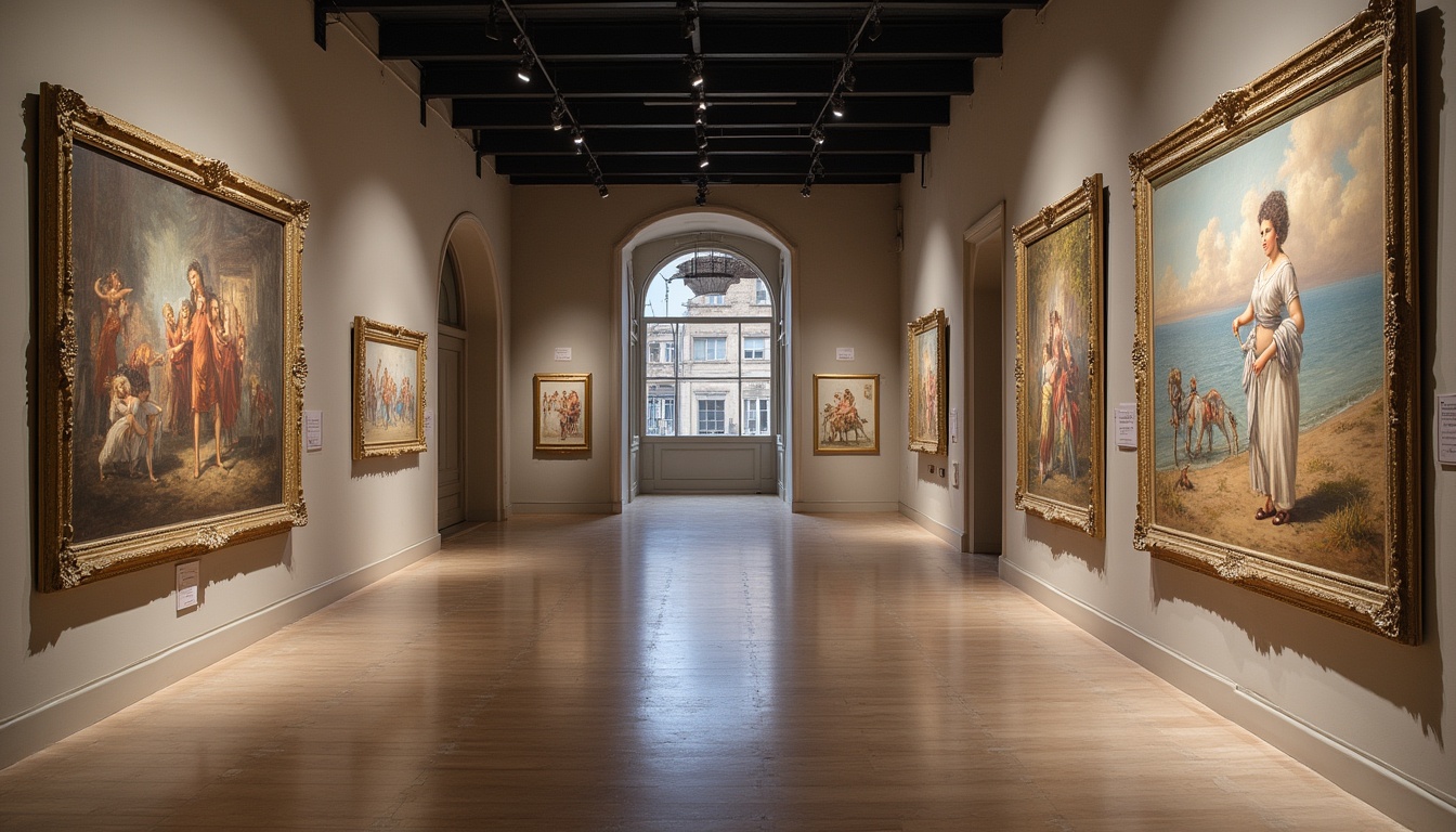 O reprezentare abstractă a unei galerii de artă moderne, cu opere diverse, simbolizând secretele Galeria de Artă Danel.
