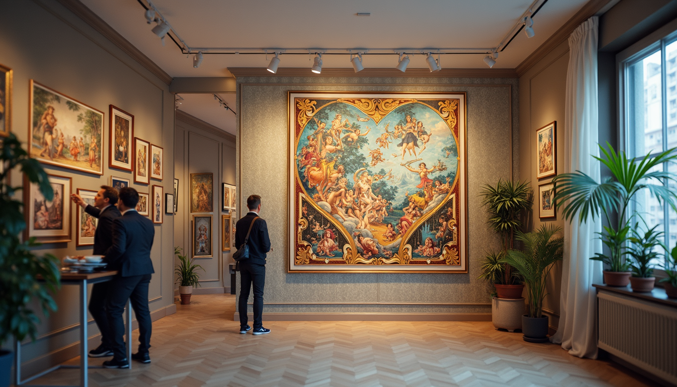 Un artist discută cu un galerist într-o galeria de arta modernă, înconjurată de opere de arta, simbolizând colaborarea